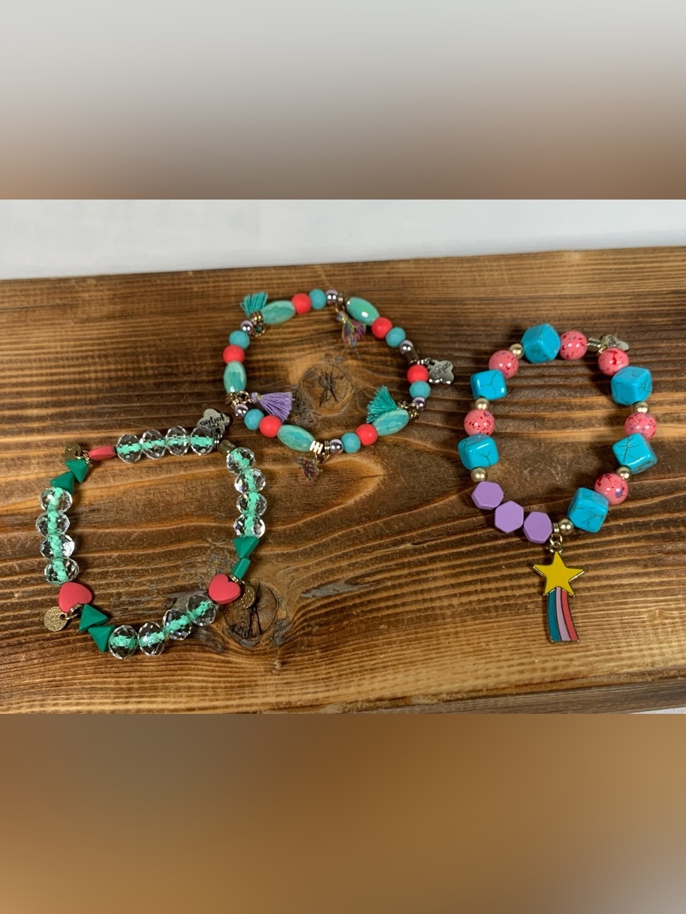 Jem Jams set of 3 Stackable Stretch Bracelet Turquoise Coral Silver Tone